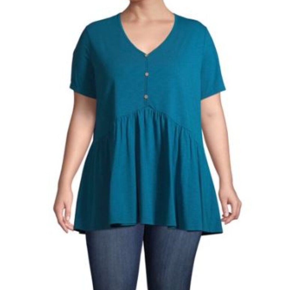 Terra & Sky Womens Plus Size 2X Knit Babydoll Henley Top Teal Flowy - Picture 2 of 9
